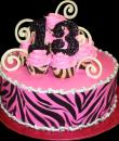 Zebra Pink 13th Birthday Cake. Pink buttercream iced, round decorated with a zebra print pattern, swizzles and topped with pink frosted cupcakes. Everything on this cake is edible. (Serves 8-80 party slices.) 